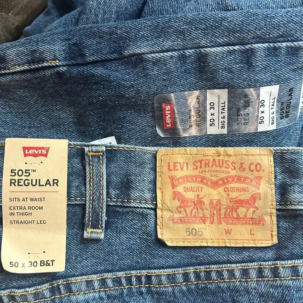 Levi's 505 Men's Jeans NWT 50x30 Big & Tall Medium Stonewash 100% Cotton Rigid